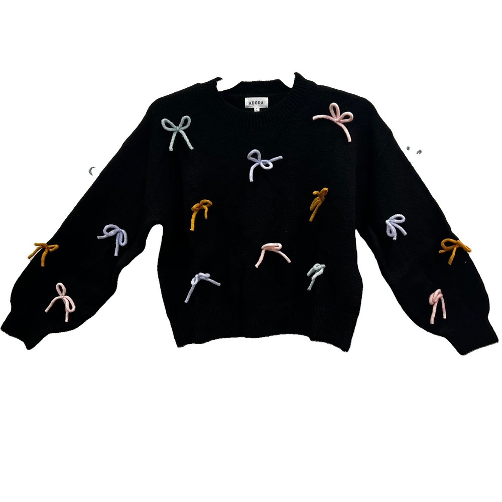 Adora Women's Cropped Sweater small black Colorful Bows Boho Chic Cottagecore